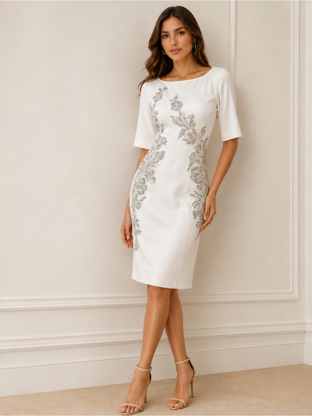 BLUMARINE soft White Floral Appliqué Sheath Dress  ITALIAN DESIGNER